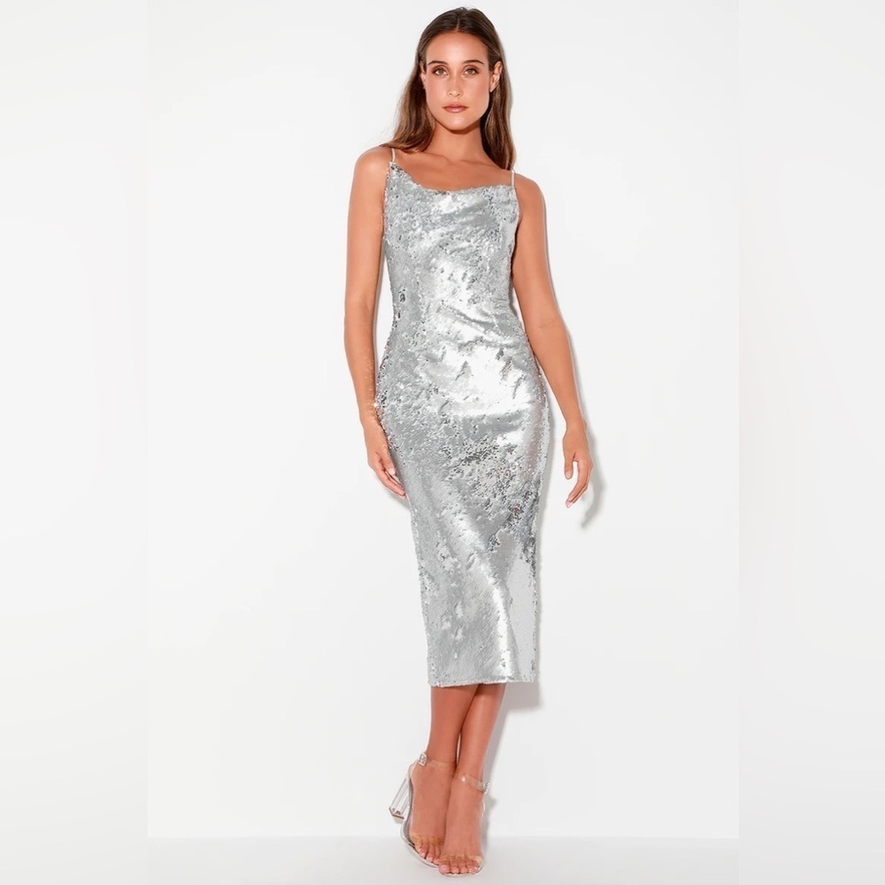 Keepsake The Label No Signs Silver Sequin Midi Dress NWT